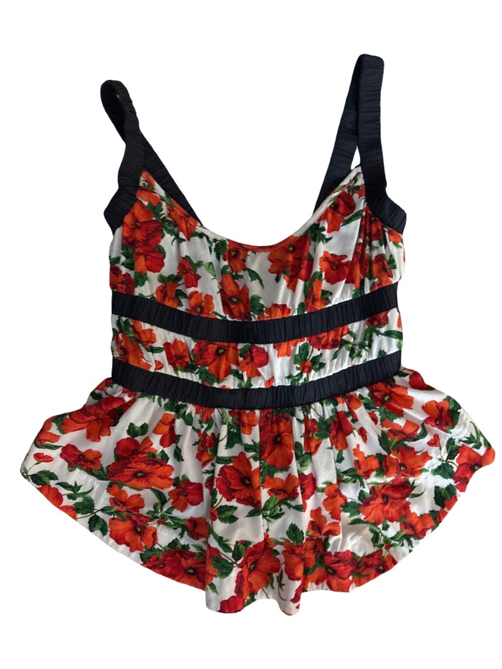 Maeve White Camisole with Red Floral Print and Black Trim